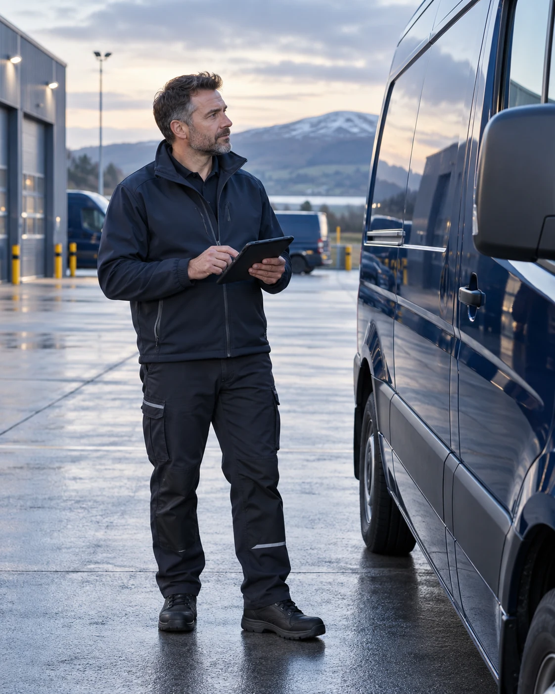 Professional driver completing a pre-journey vehicle inspection